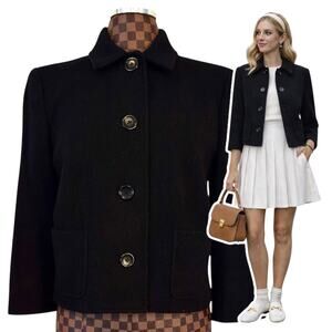 LRL Ralph Lauren Black Crop Pea Coat Herringbone Womens Size 12 Preppy Wool